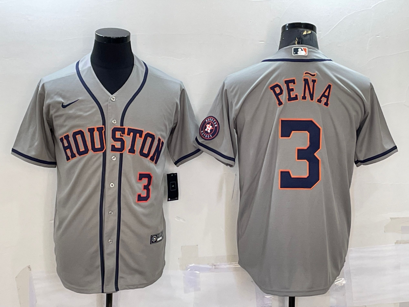 Men's Houston Astros #3 Jeremy Peña Grey With Patch Cool Base Stitched Jersey Men's Houston Astros #3 Jeremy Peña Grey With Patch Cool Base Stitched Jersey